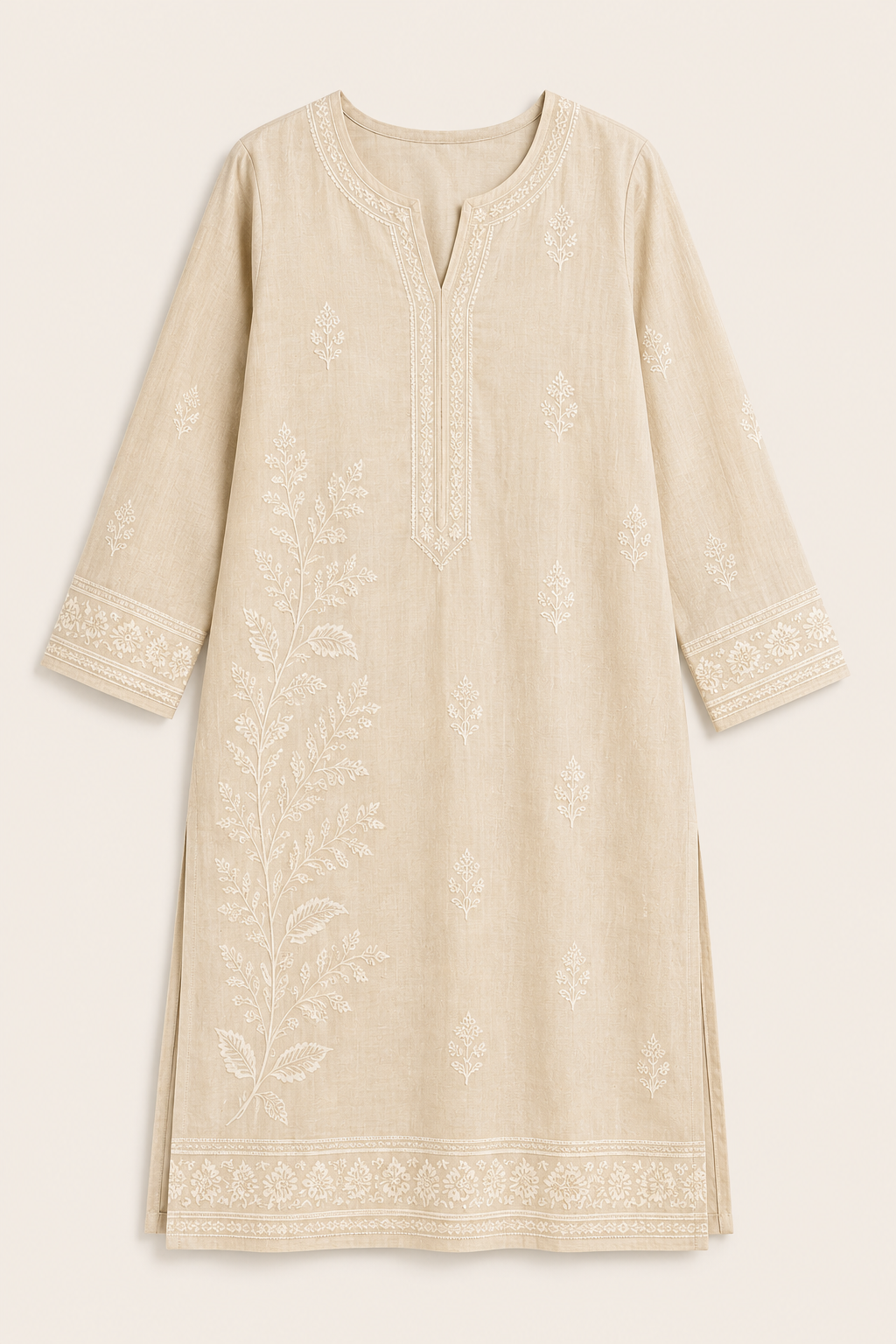 Threadveda Beige Embroidered Cotton Kurta Set for Women - Image 5