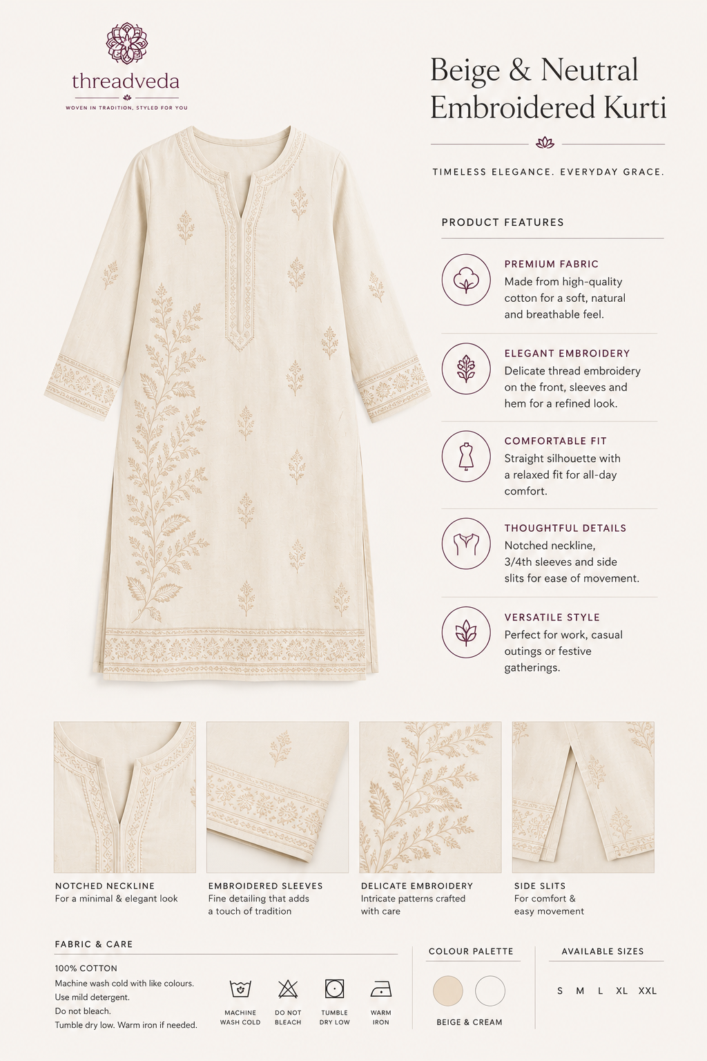 Threadveda Beige Embroidered Cotton Kurta Set for Women - Image 2