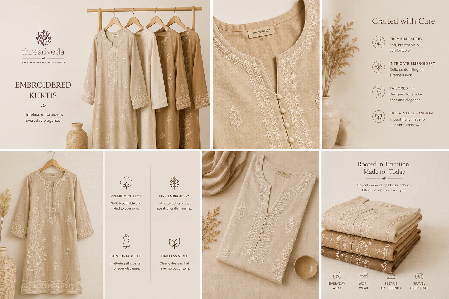 Threadveda Beige Embroidered Cotton Kurta Set for Women - Image 7
