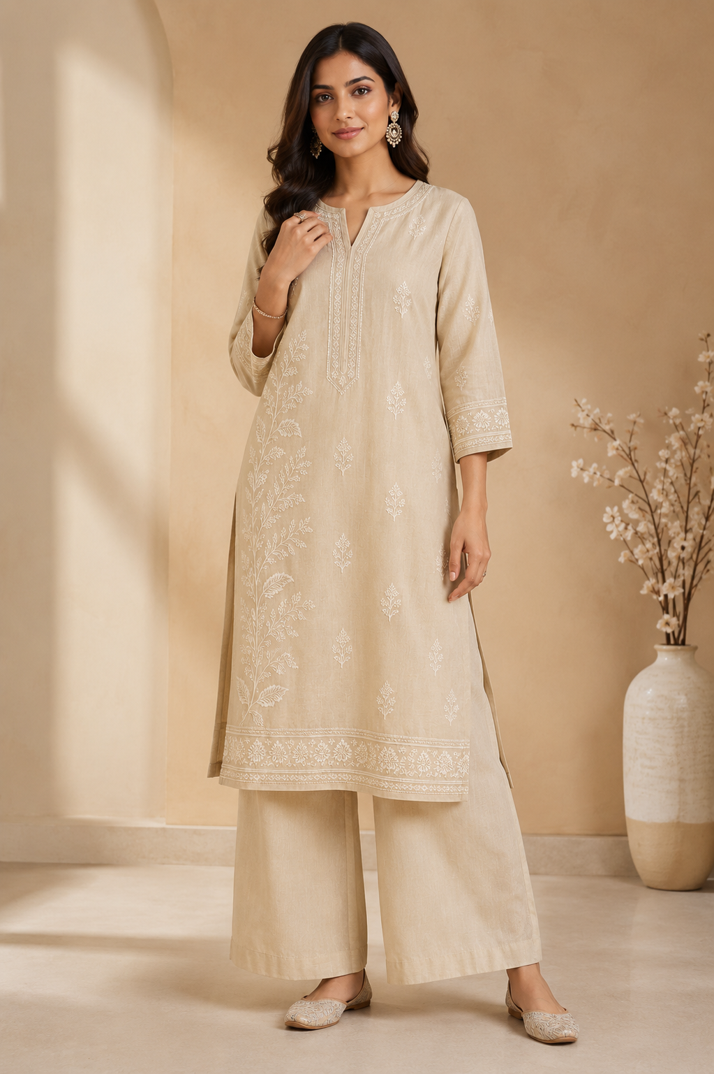 Threadveda Beige Embroidered Cotton Kurta Set for Women - Image 3