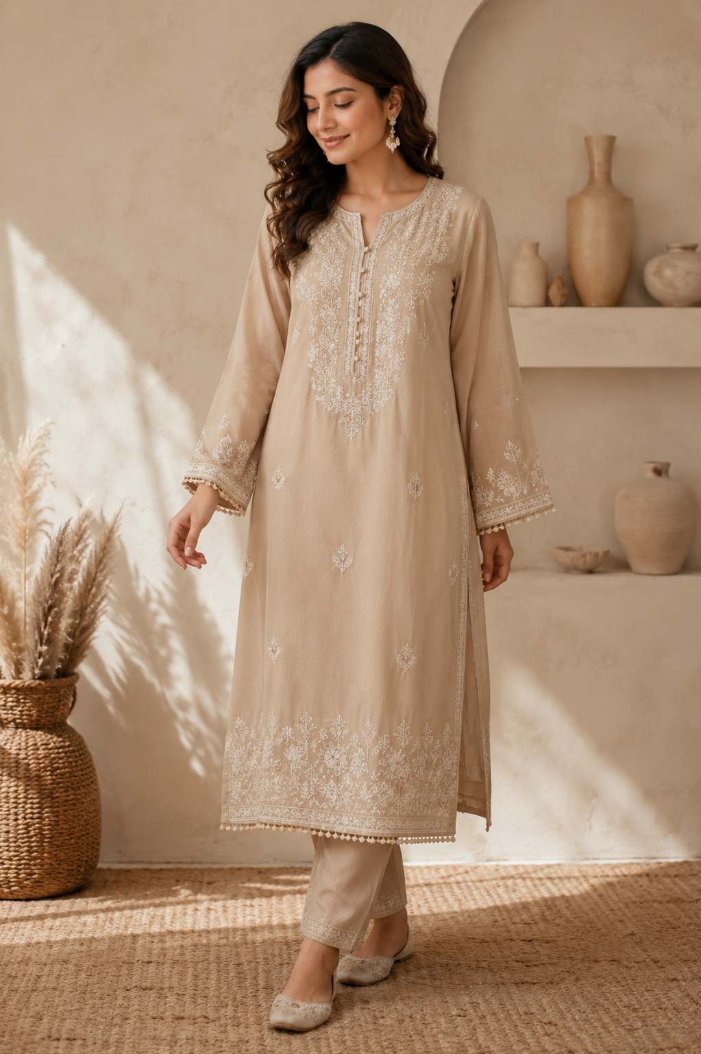 Threadveda Beige Embroidered Cotton Kurta Set for Women - Image 6