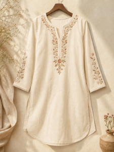 Threadveda Beige Embroidered Cotton Kurta Set for Women