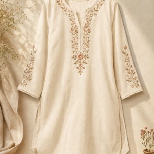 Threadveda Beige Embroidered Cotton Kurta Set for Women