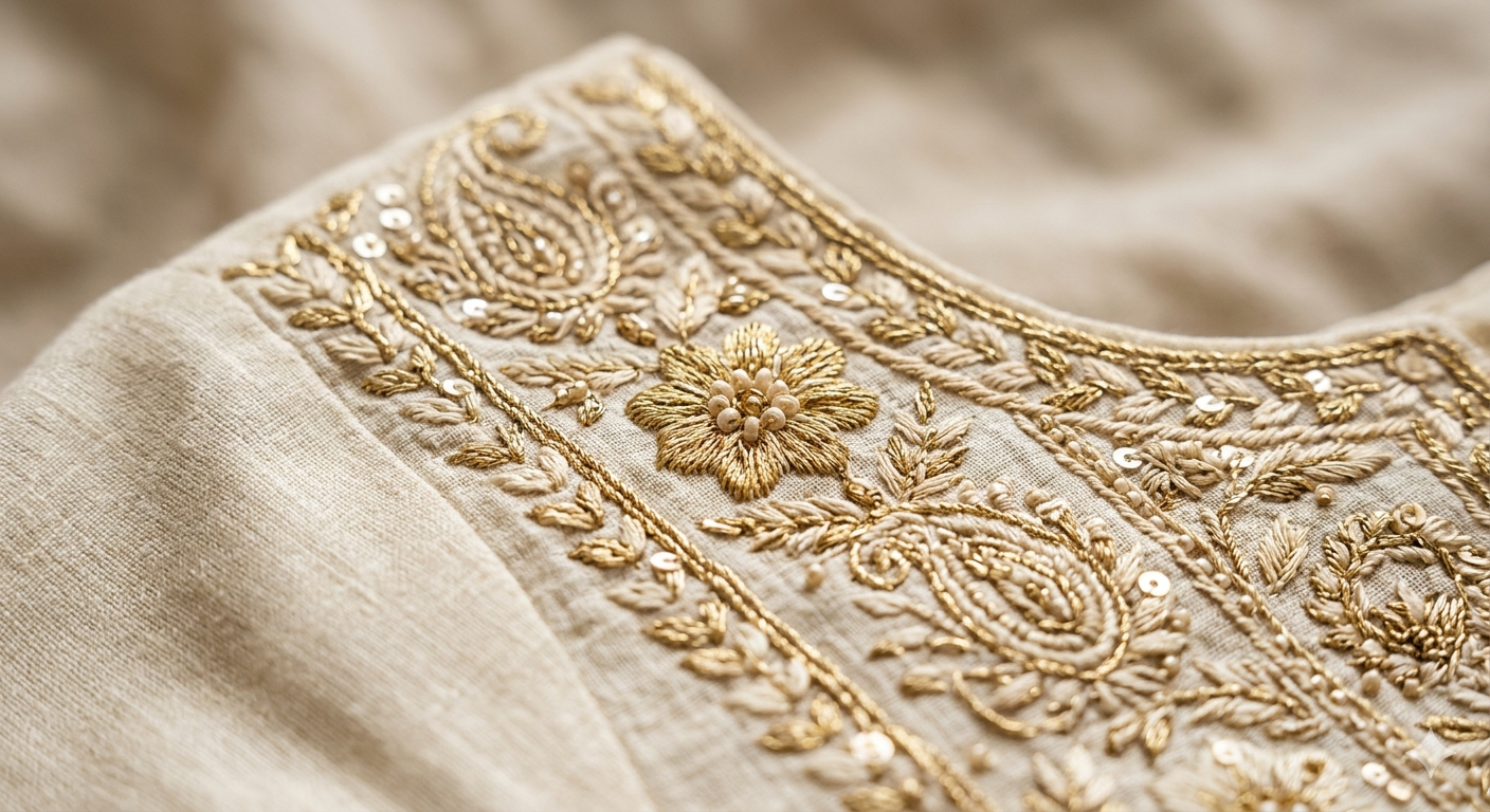 Threadveda Beige Embroidered Cotton Kurta Set for Women - Image 4